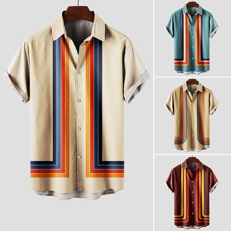 Nahaufnahme: Herren Sommerhemd mit feinen Streifen in Beige/Khaki, lässiger Kragen, atmungsaktiver Stoff.
