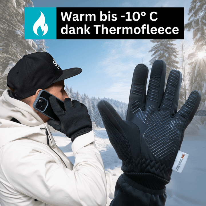 Stylische ThermoFit Winterhandschuhe am Handgelenk, zeigen gute Passform und Wärmeisolierung.
