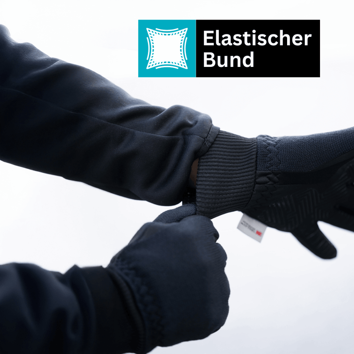 Nahaufnahme des ThermoFit Logos und des atmungsaktiven Materials der Winter-Funktionshandschuhe.
