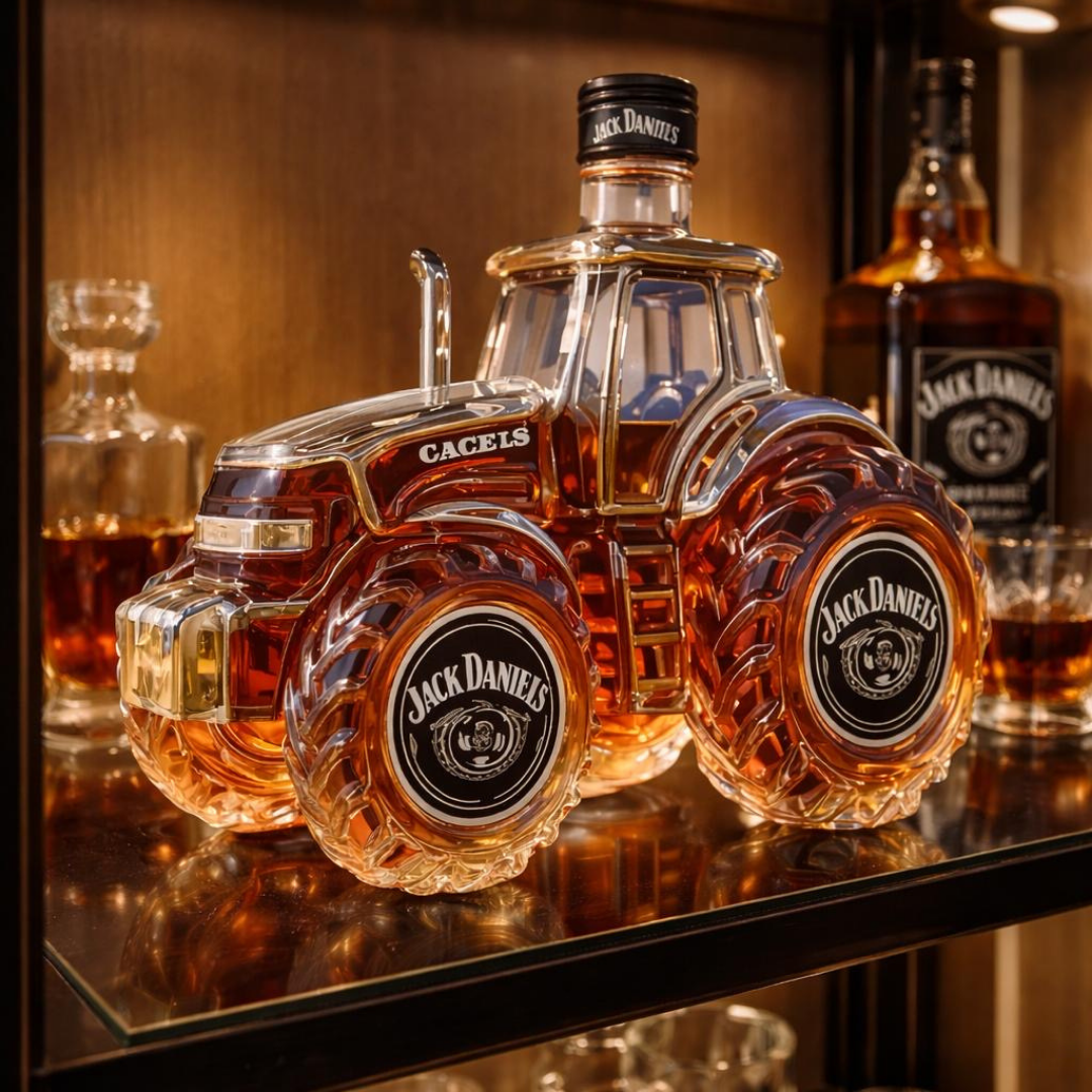 Detailaufnahme des Traktor Whisky Dekanters, 500ml Glasflasche, ideales Sammlerstück oder Geschenkidee.