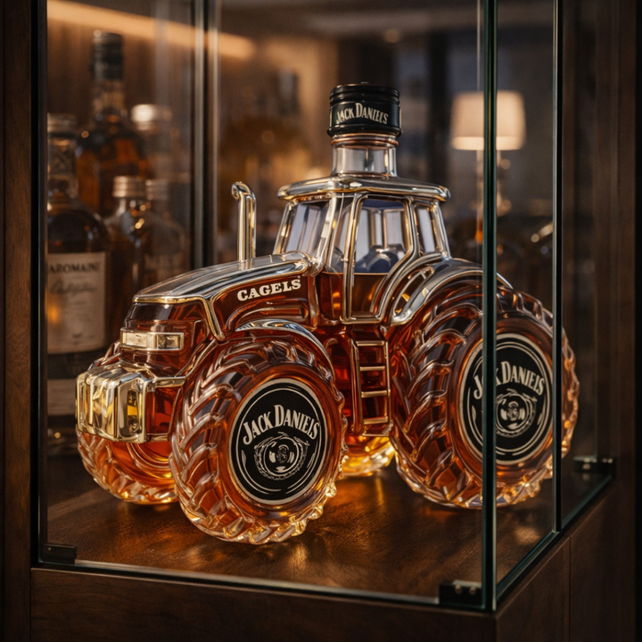 Einzigartiger Traktor Whisky Dekanter, handgefertigte 500ml Glasflasche, ideales Geschenk für Spirituosenliebhaber.