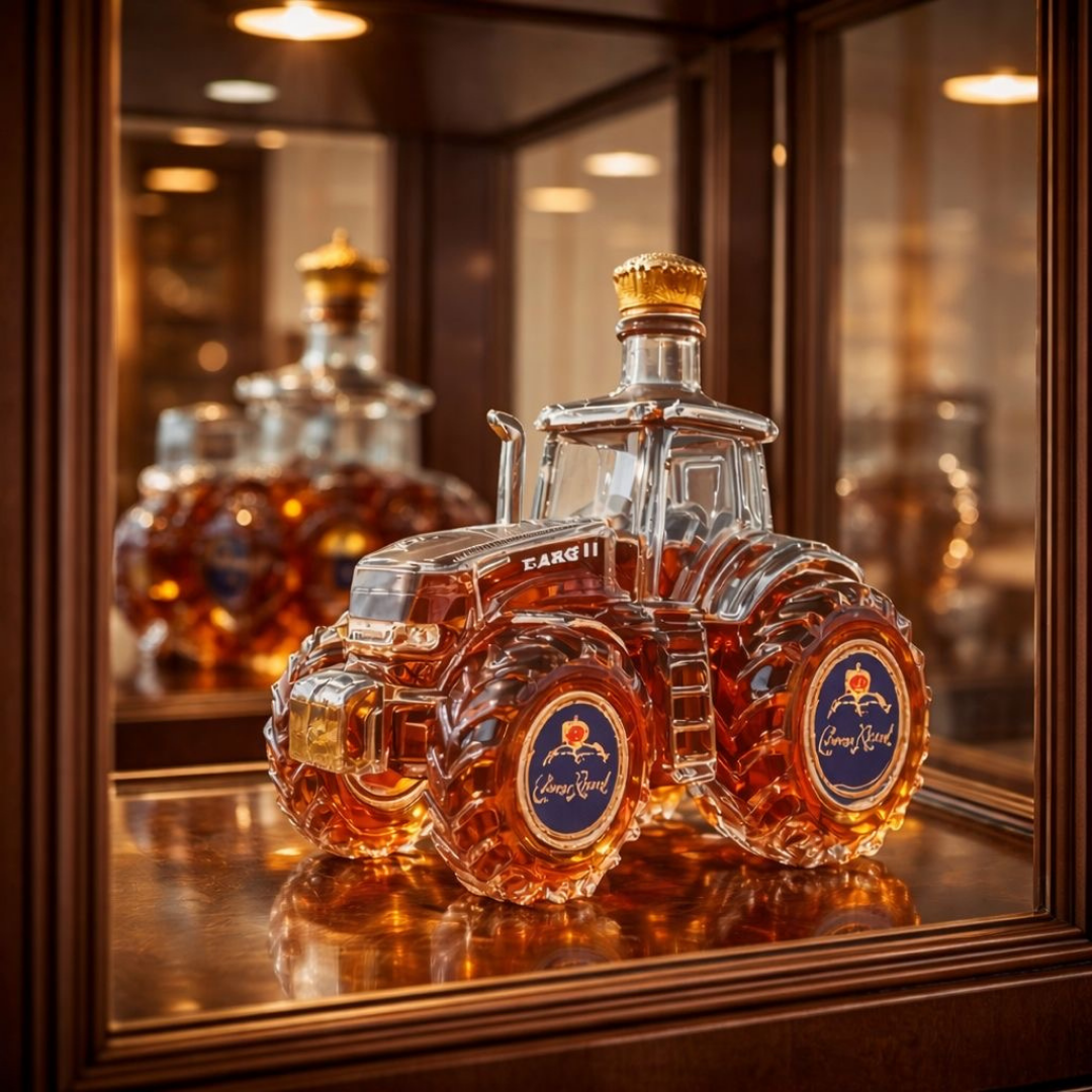 Nahaufnahme des rustikalen Traktor Whisky Dekanters, 500ml Glasflasche, für eine stilvolle Hausbar.