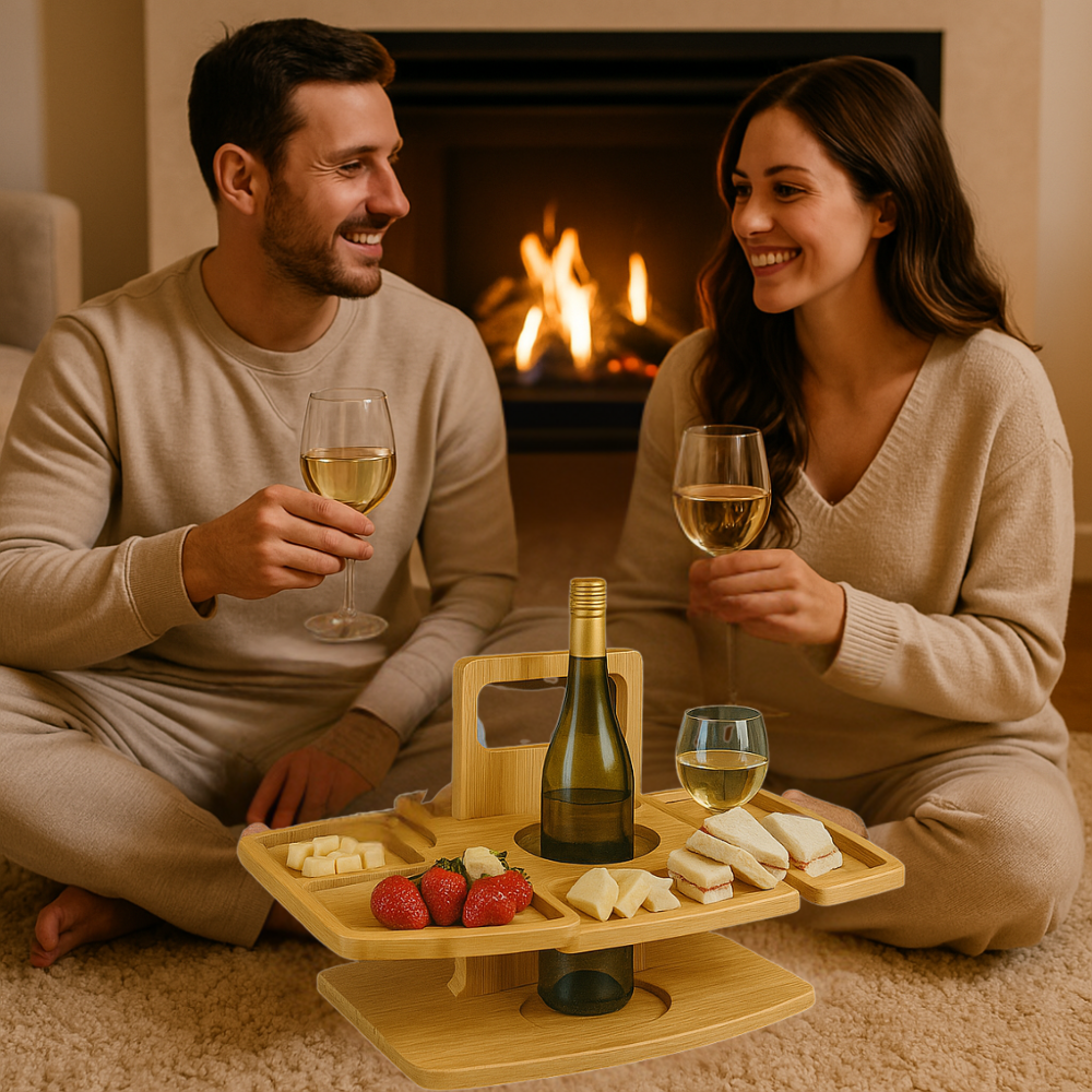 Klappbarer Weintisch aus Holz für Picknick & Camping; mit sicherer Halterung für Wein, Gläser & Snacks.