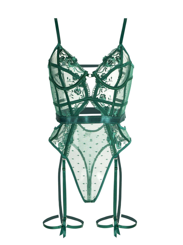 Smaragdgrüner Damen Body aus Spitze, mit Straps, verstellbar und elegant. Das perfekte Dessous.