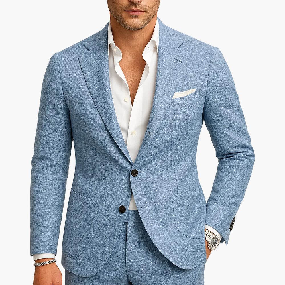 Beiger Slim-Fit Herrenanzug, modern & stilvoll. Ideales Anzugset als Businessmode oder bequemer Freizeitanzug.