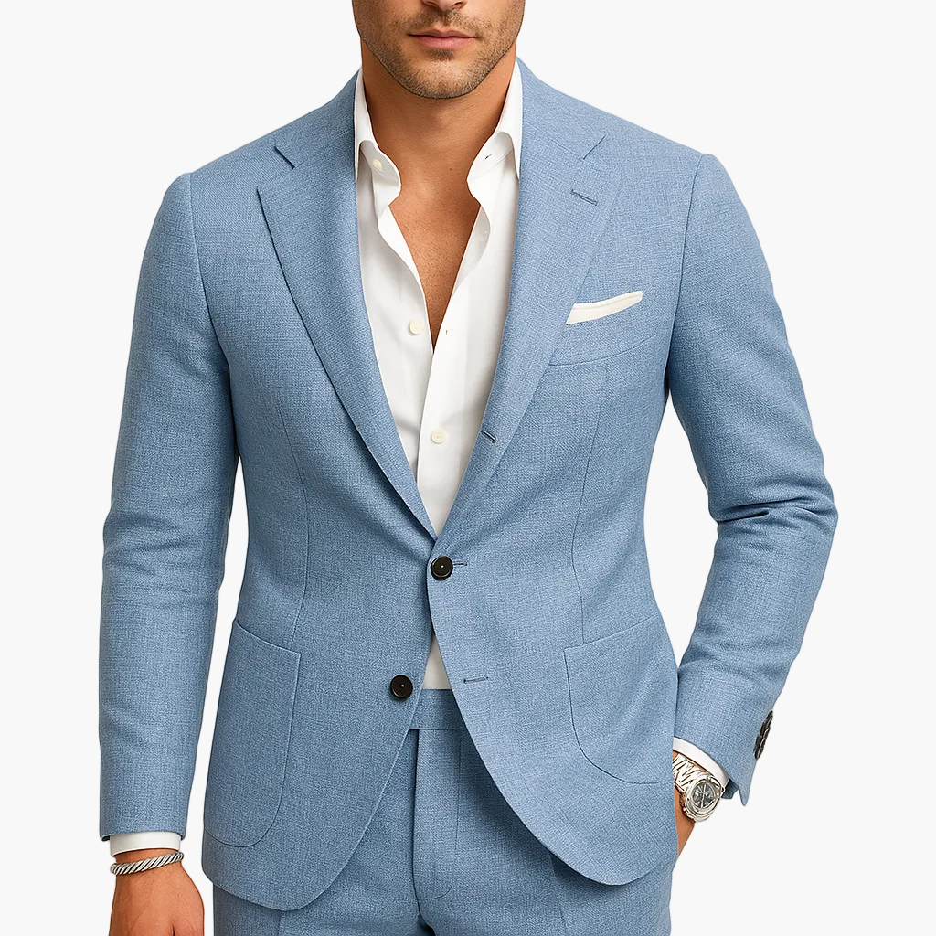 Beiger Slim-Fit Herrenanzug, modern & stilvoll. Ideales Anzugset als Businessmode oder bequemer Freizeitanzug.