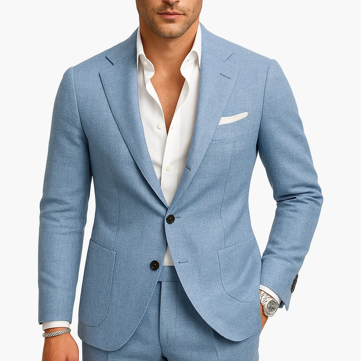 Beiger Slim-Fit Herrenanzug, modern & stilvoll. Ideales Anzugset als Businessmode oder bequemer Freizeitanzug.