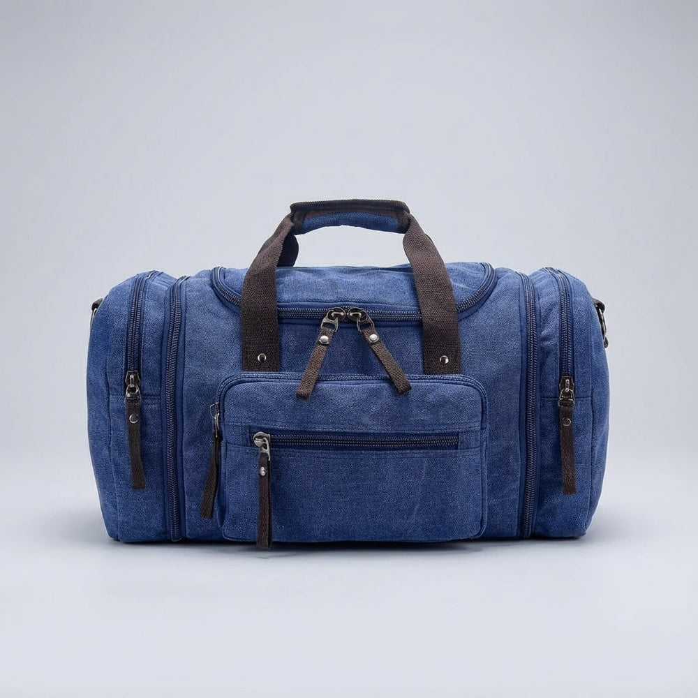 Schwarze erweiterbare Canvas-Reisetasche. Ideale Wochenendtasche, Sporttasche oder Handgepäck für jede Reise.