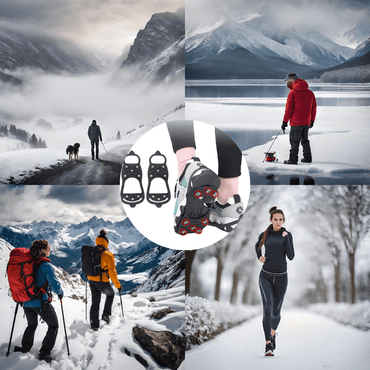 Gleitschutz-Schuhspikes bieten Sicherheit auf Glatteis und Schnee. Rutschfeste Spikes für Winter-Wanderungen.