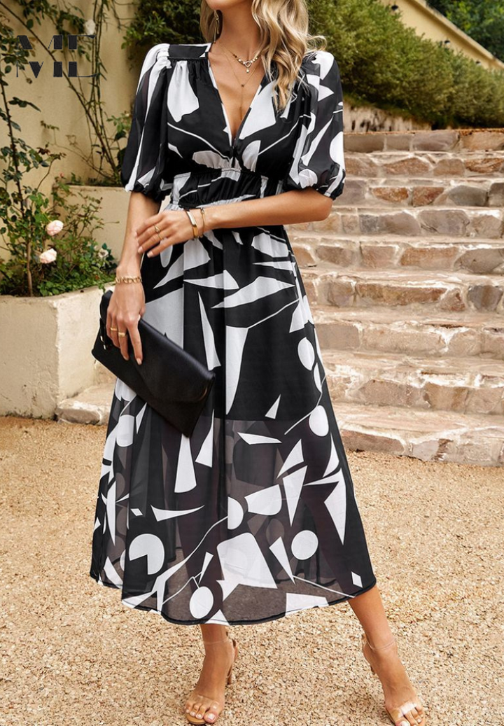 Schönes Sommerkleid für Frauen, Blumenmuster, Midi-Länge, V-Ausschnitt, modische Puffärmel.