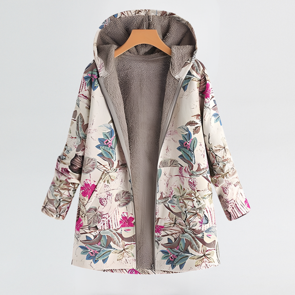Bequeme Damen Übergangsjacke im Vintage-Stil mit lebhaftem Blumenmuster, perfekt für Frauenmode im Herbst.
