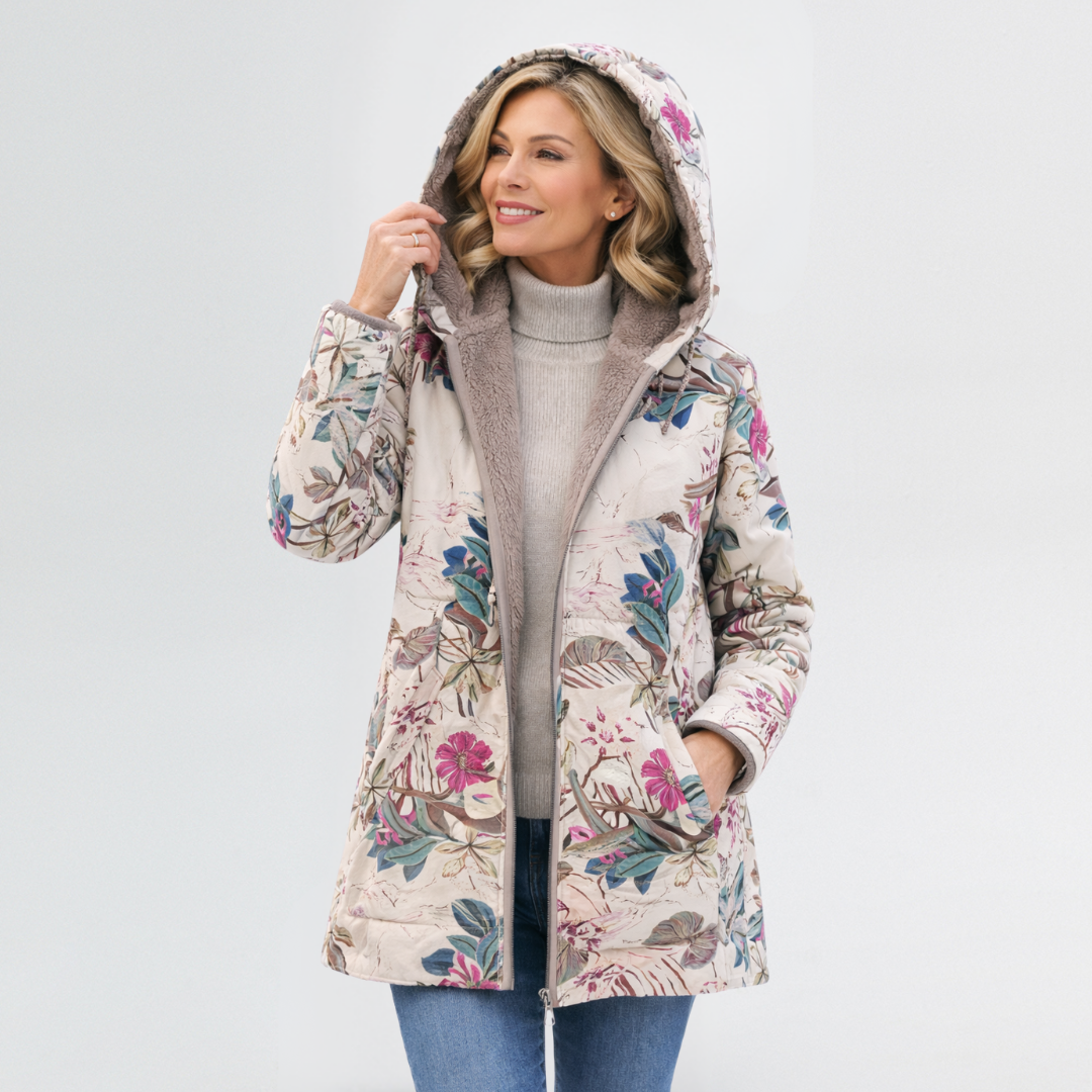 Elegante Damen Vintage Blumenjacke mit detailreichem floralem Muster, ideal als stilvolle Übergangsjacke.