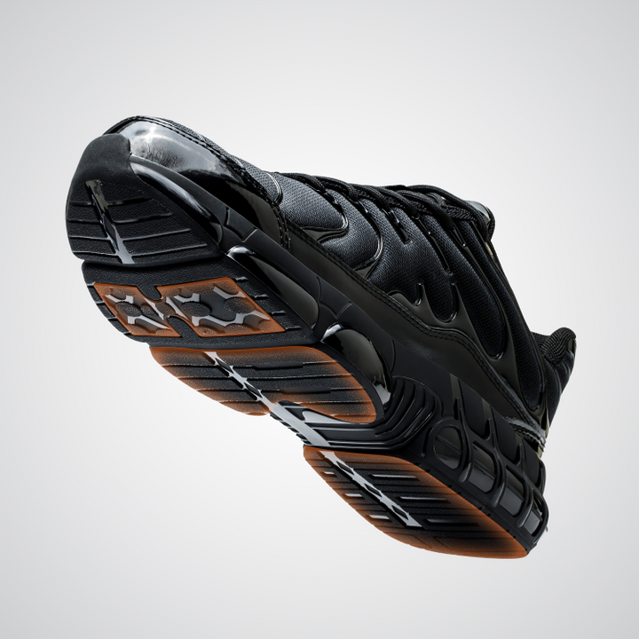 Robuste Herren Arbeitsschuhe mit Stahlkappe, sportlicher Sneaker-Stil, schwarzes Obermaterial, Schnürverschluss.