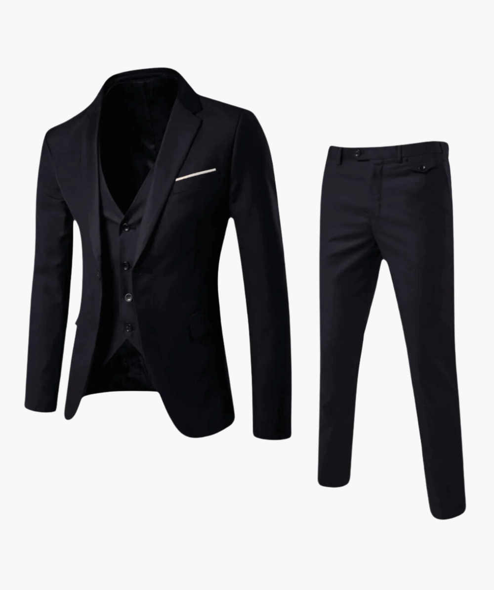 Eleganter Herren Dreiteiler Businessanzug in Dunkelblau mit Weste und Sakko. Perfekt für professionelle Auftritte.