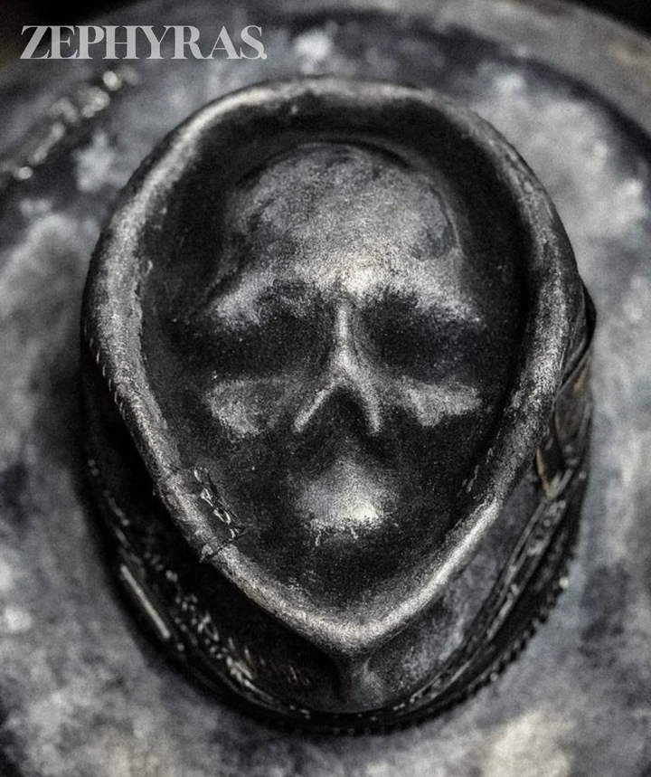 Detailansicht der handgefertigten Totenkopf Stickerei auf einer schwarzen Unisex Mütze.