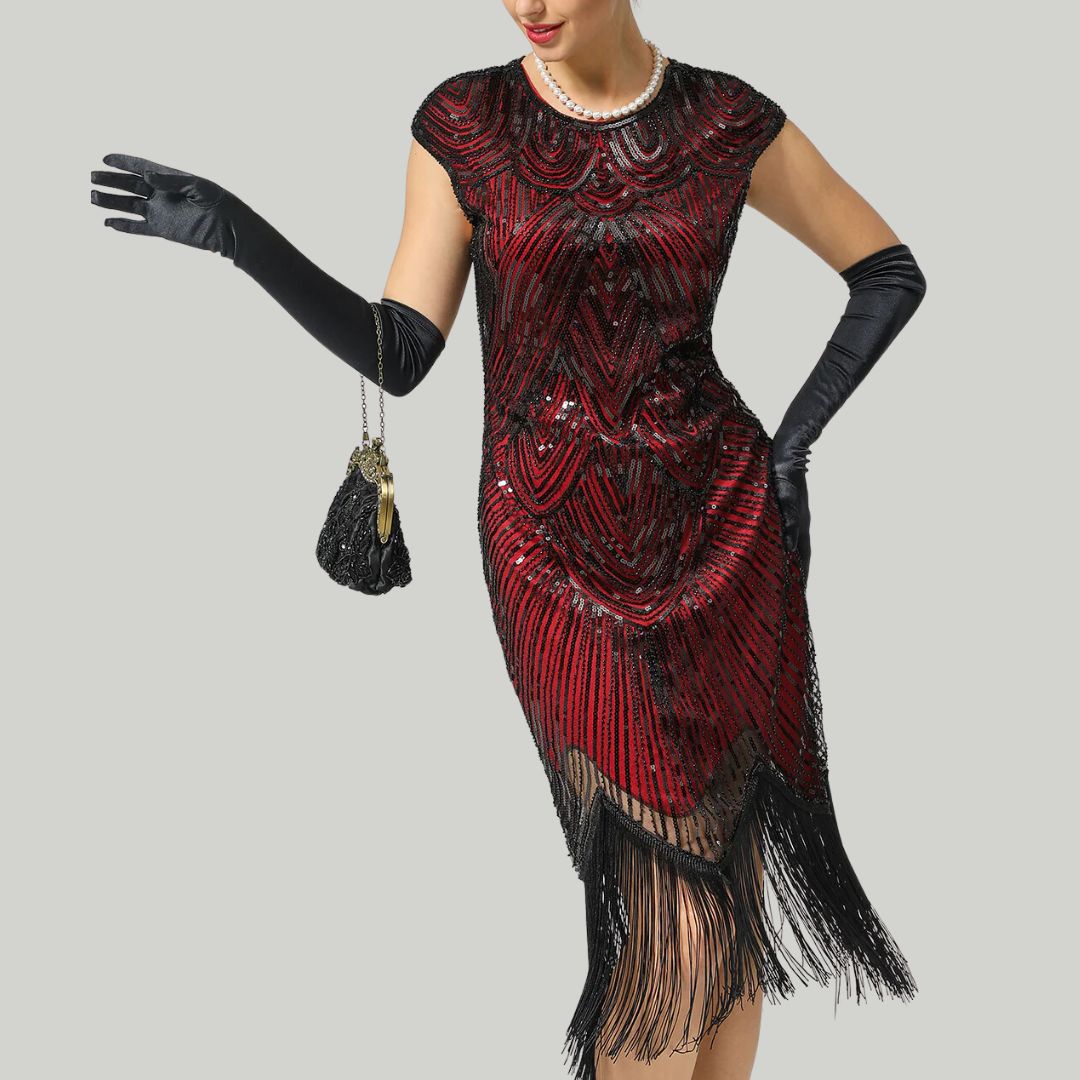 Sophistiziertes Vintage Abendkleid, Glitzer & Pailletten, für elegante 20er Jahre Gala-Abende.