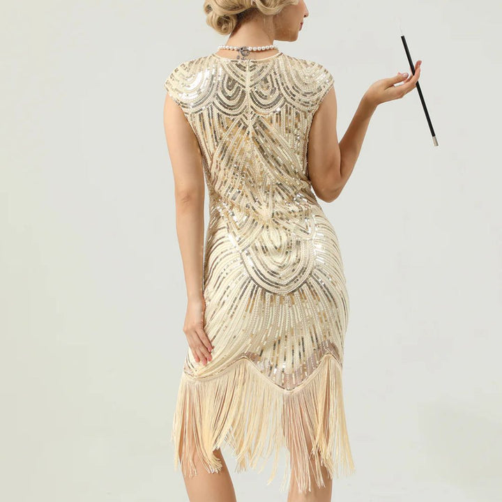 Detailliertes Damen Glitzerkleid, Art déco Muster, authentischer 20er Jahre Look für Feste.