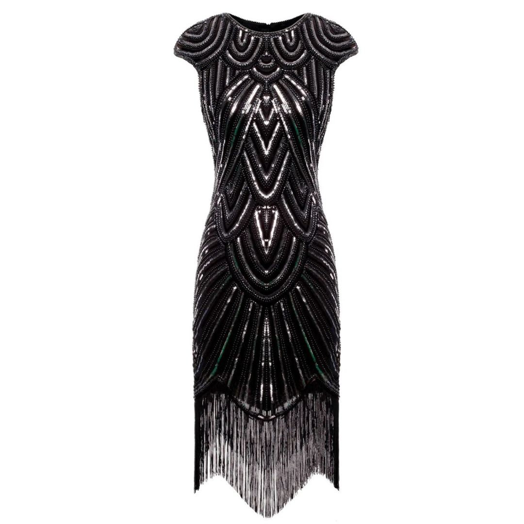 Vintage Damen Abendkleid im Gatsby-Stil, glitzernd, ideal für festliche Anlässe.