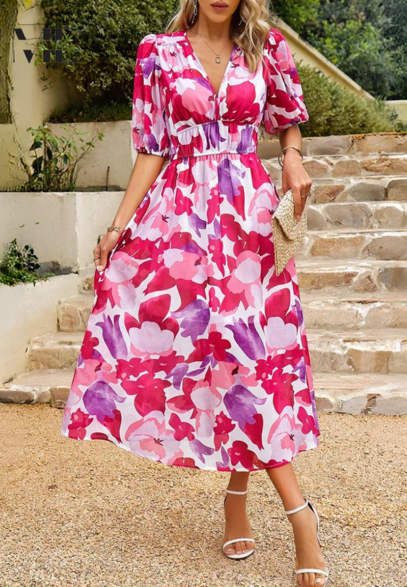 Damenkleid im Sommerstil: Blumen Midi, V-Ausschnitt, Puffärmel, femininer und frischer Look.