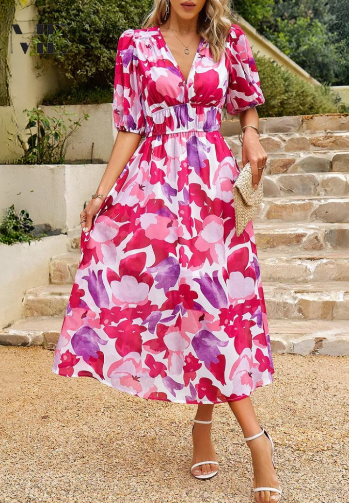Damenkleid im Sommerstil: Blumen Midi, V-Ausschnitt, Puffärmel, femininer und frischer Look.