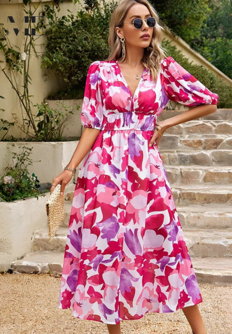 Bequemes Damen Midikleid, Blumenmuster, V-Ausschnitt, Puffärmel, für entspannte Sommertage.