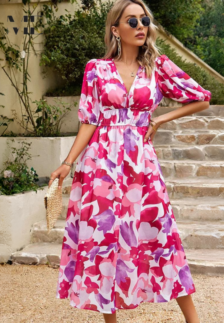 Bequemes Damen Midikleid, Blumenmuster, V-Ausschnitt, Puffärmel, für entspannte Sommertage.