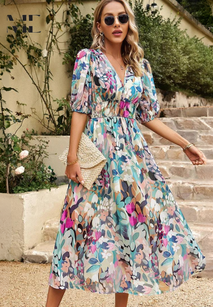 Feminines Damenkleid, Midi-Länge, Blumenprint, V-Ausschnitt, Puffärmel, lässig und elegant.