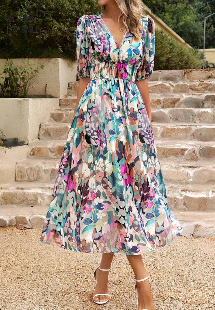 Leichtes Sommerkleid für Damen, blumiges Design, V-Ausschnitt, Puffärmel, idealer Sommerstil.