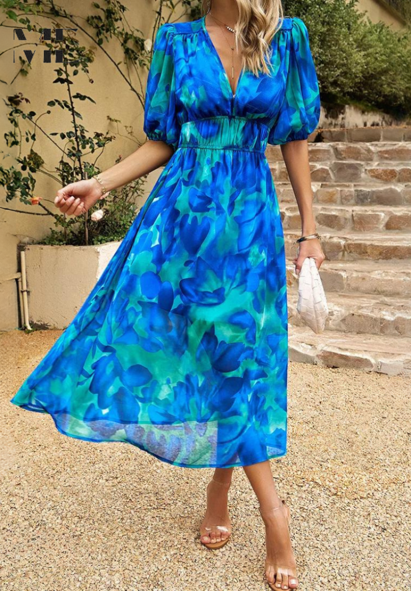 Lässiges Damenkleid, Sommer Midi, Blumenmuster, V-Ausschnitt, Puffärmel für den Freizeit-Look.