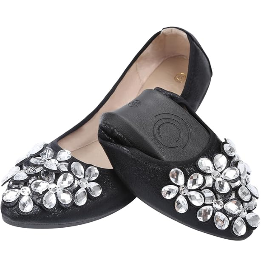 Goldene Damen Strass Ballerina Flats, glitzernd & stilvoll für besondere Anlässe.