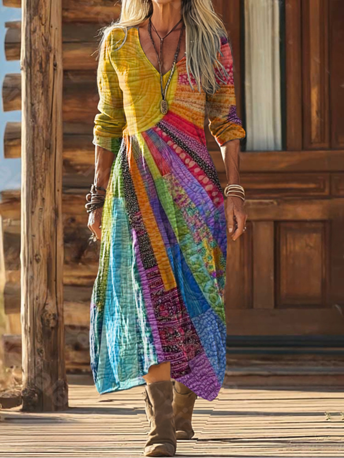 Damen Bohemian-Kleid Rashmika im eleganten Boho-Stil mit V-Ausschnitt; komfortables Maxikleid für Freizeit & Sommer.