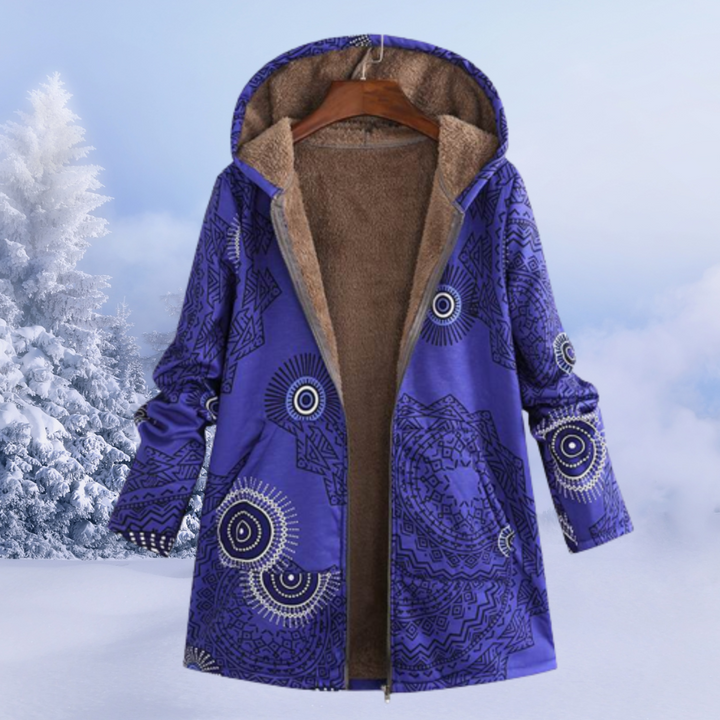 Schicke lange Damen Steppjacke mit Kapuze. Eleganter Wintermantel, warm und modern für Damen.