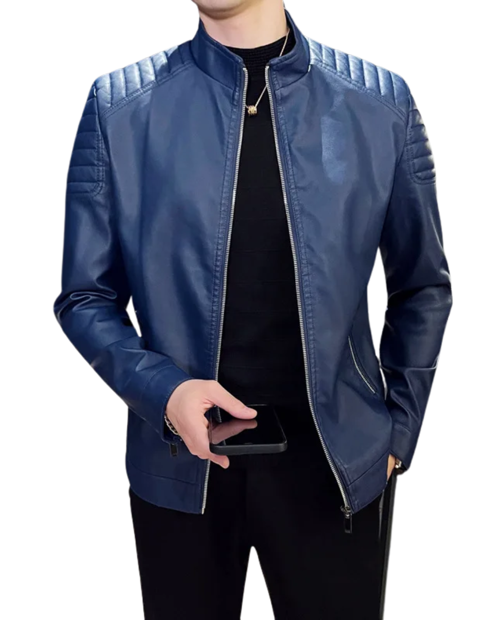 Blaue Slim Fit Herrenjacke, stilvoll und schmal geschnitten, perfekt für Business Casual.