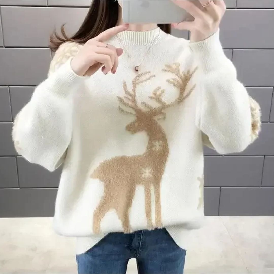Festlicher Damen Weihnachtspullover mit Rentiermotiv; eine tolle Geschenkidee & ideales Weihnachtsoutfit.