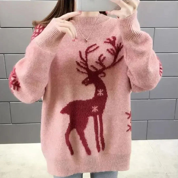 Damenpullover mit lockerem Sitz & Rentiermotiv, ideal für gemütliche Weihnachtsoutfits; bequeme Wintermode.