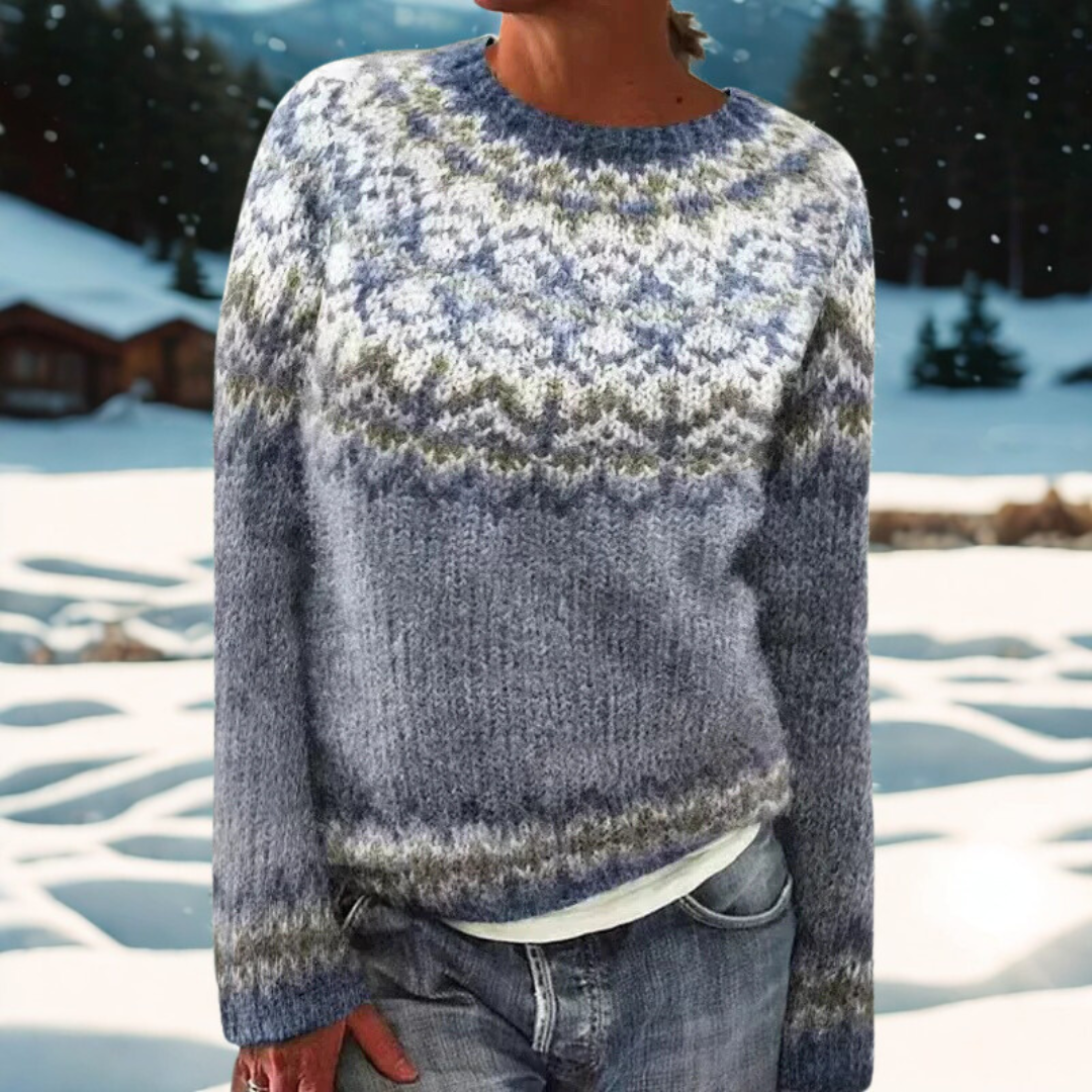 Eleganter mehrfarbiger Damen Strickpullover mit Rundhals und Muster, warm und stilvoll für den Winter.