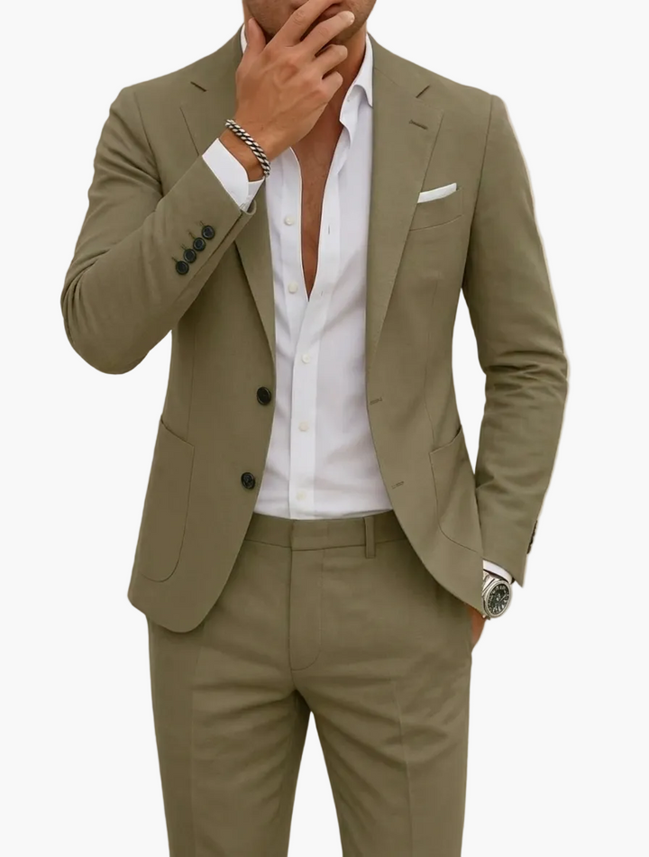 Khakigrüner Slim-Fit Herrenanzug, elegant für Business & Freizeit. Stilvolle Frühling/Sommer Herrenkleidung.