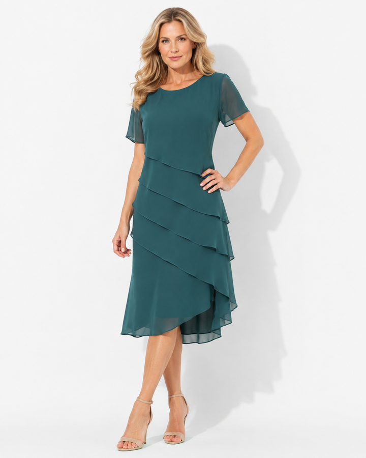 Modisches Damen Stufenkleid, fließendes Midikleid. Elegant & bequem, perfekt als Halbarmkleid.