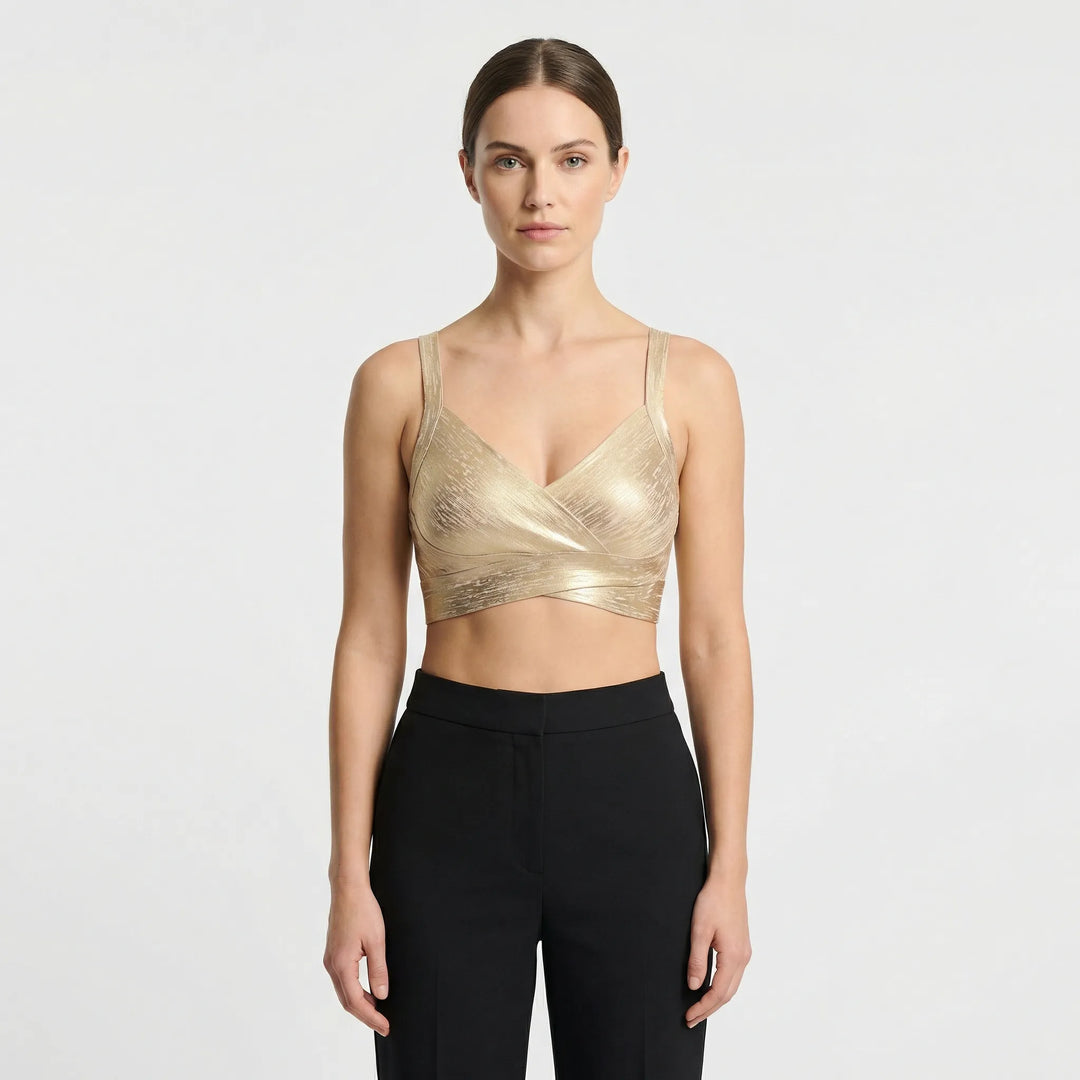 Damen Wickel Crop Top in Gold, figurbetont mit V-Ausschnitt und ärmellosem Design, elegantes Party-Oberteil.