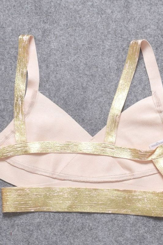 Sexy goldenes Damen Party Crop Top mit V-Ausschnitt und Wickeloptik, figurbetont und elegant für den Abend.