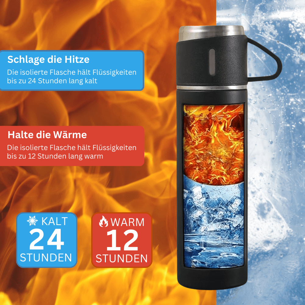 Hochwertige Edelstahl-Isolierflasche, vakuumisoliert, ideal für Heiß- & Kaltgetränke unterwegs.
