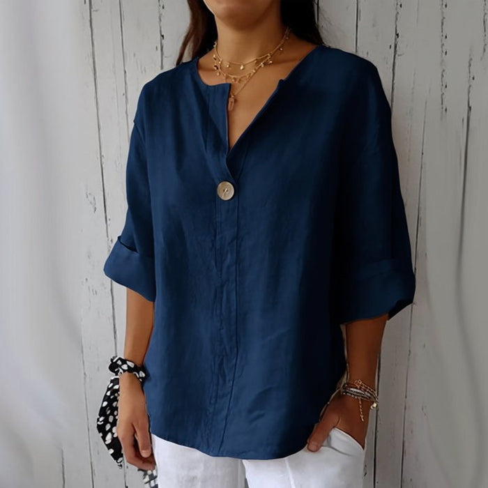 Elegante Leinen-Damenbluse im Relaxed Fit mit V-Ausschnitt und Kurzarm, ideal für lässige Sommeroutfits.