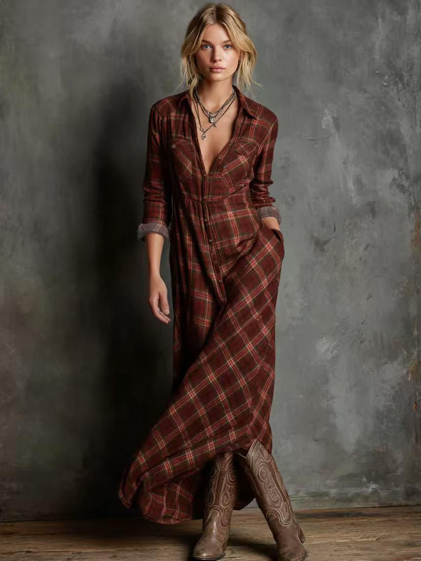 Kariertes Damen Maxi Hemdkleid im lässigen Stil. Vielseitiges Herbstkleid mit langen Ärmeln für jeden Anlass.