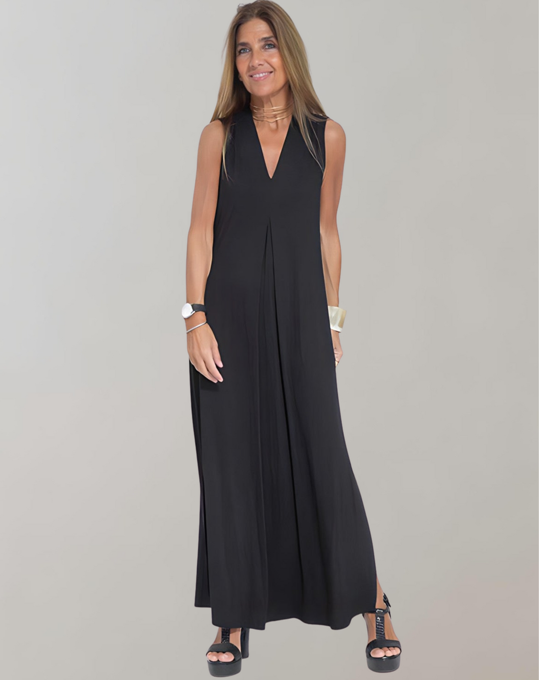 Elegantes Damen Maxikleid mit V-Ausschnitt, Slim Fit für Sommer und Abend, komfortabel und stilvoll.