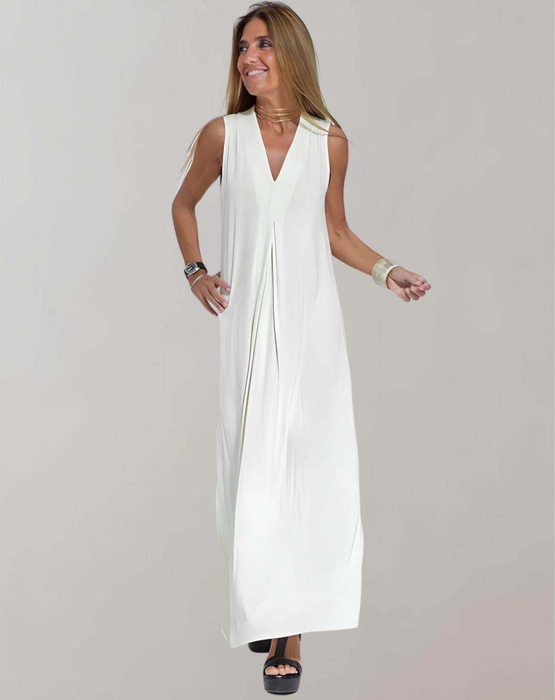 Luftiges Sommer Maxikleid für Damen, V-Ausschnitt, Slim Fit, ideal für Urlaub und Freizeit, sehr komfortabel.