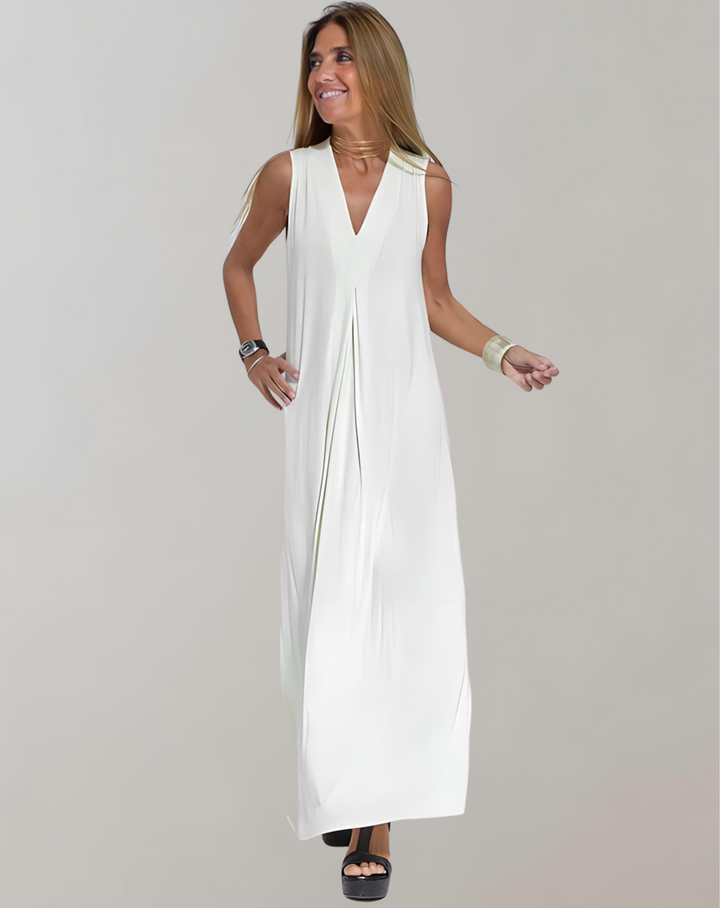 Luftiges Sommer Maxikleid für Damen, V-Ausschnitt, Slim Fit, ideal für Urlaub und Freizeit, sehr komfortabel.