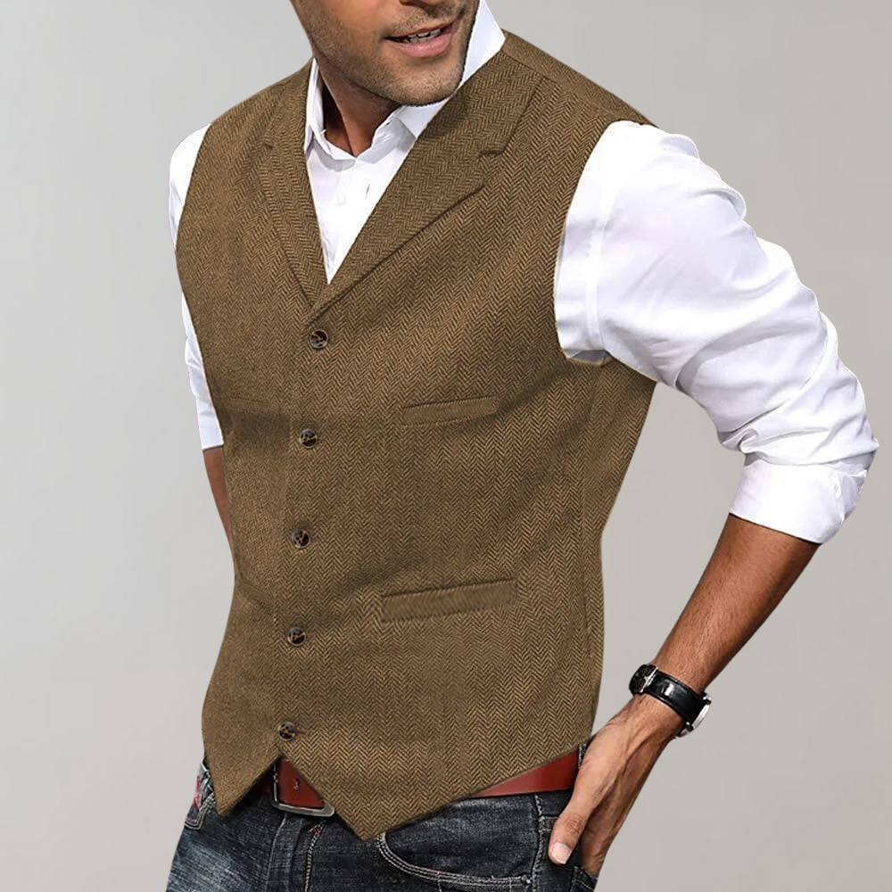 Klassische Herren Anzugweste im Fischgrat-Design, elegant & bequem, perfekt für festliche Anlässe.