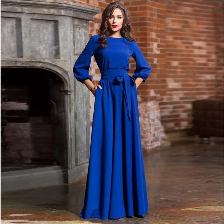 Festliches Damen Langarm Maxikleid, elegant und fließend, ideal für Hochzeitsgäste oder Galas.