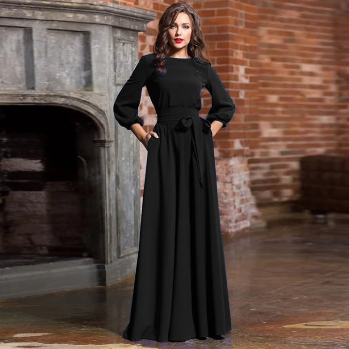 Bodenlanges Langarmkleid für Damen, festlich und elegant, perfekt für Hochzeiten und Feiern.