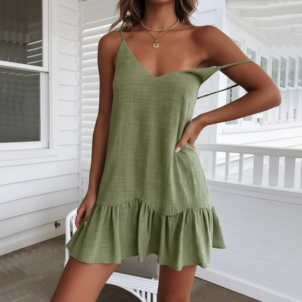Luftiges Jolina Damen Sommer Rüschenkleid: bequemes Minikleid mit V-Ausschnitt, perfekt für warme Tage und Urlaub.